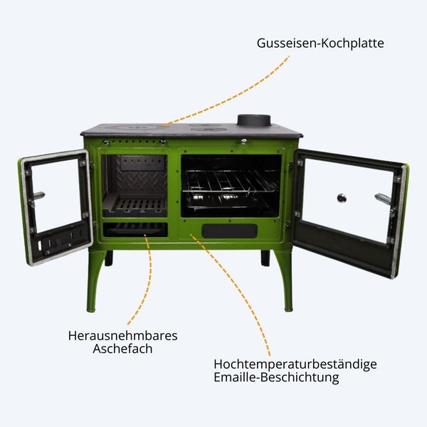 Küchenherd mit Gusseisen-Kochplatte, herausnehmbarem Aschefach und hochtemperaturbeständiger Emaille-Beschichtung.