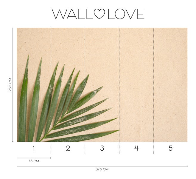 Walllove Fototapete mit Palmenblattmotiv und Maßangaben
