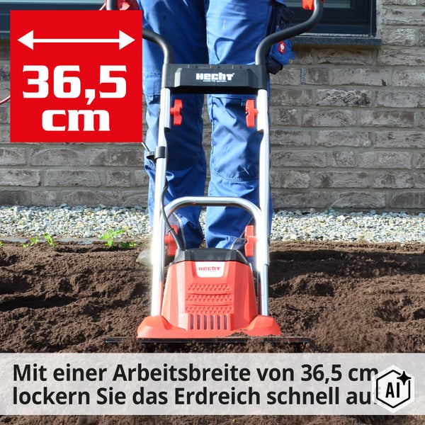 Elektro Bodenhacke von Hecht mit 36,5 Zentimeter Arbeitsbreite zur Bodenbearbeitung im Garten.