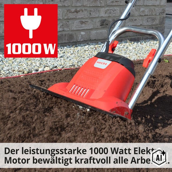 Hecht Elektro Bodenhacke mit 1000 Watt Motor beim Bearbeiten von Gartenboden.