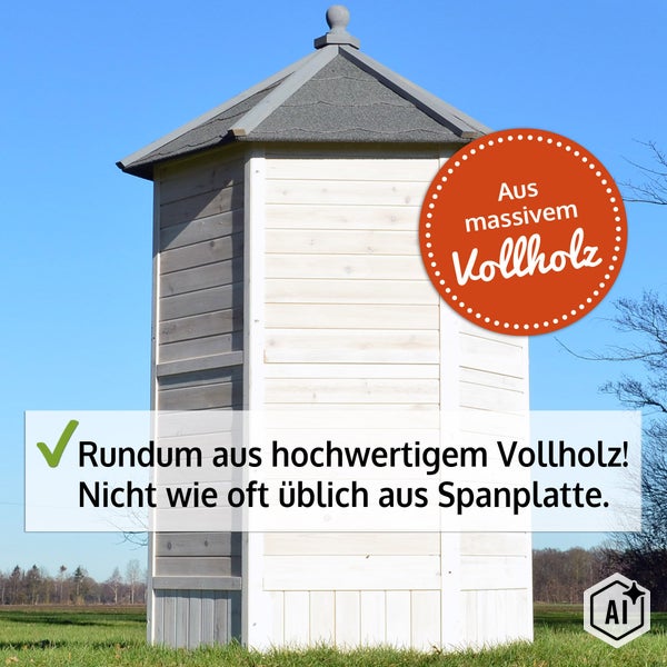 Turmartiges Gartenhaus aus massivem Vollholz mit Dachspitze im Außenbereich.