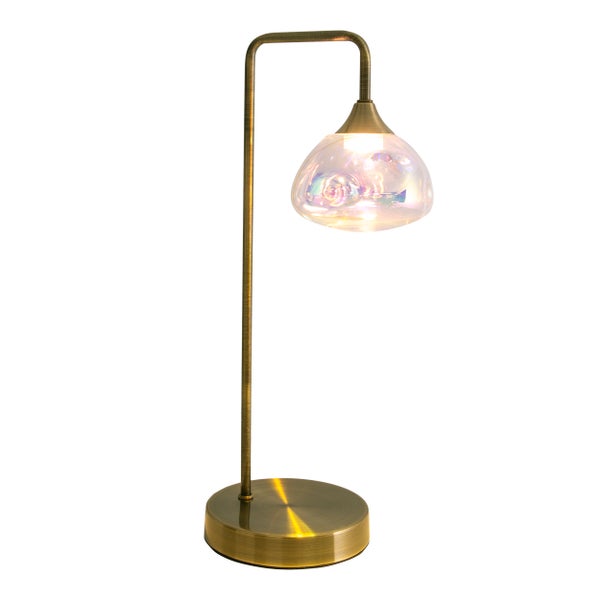 LED Tischleuchte VARNA, Tischlampe aus messingfarbenem Metall und irisierendem Glas, fest verbaute LEDs, 45 cm hoch, stilvolle Beleuchtung für Wohnzimmer, Esszimmer oder Diele