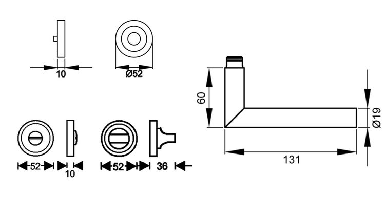 Maßzeichnung Türdrücker: Grifflänge 131 Millimeter, Rosettendurchmesser 52 Millimeter, Griffdurchmesser 19 Millimeter.