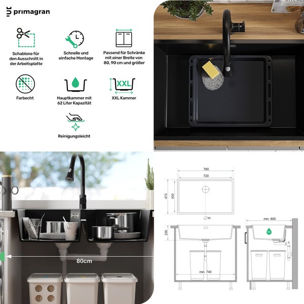PRIMAGRAN Spülbecken Alles Schwarz 76x47cm, Granitspüle 1 Becken + Ablauf-Set, Küchenspüle ab 80er Unterschrank - London Slim