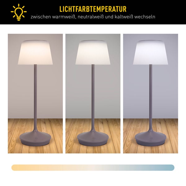 Solar-Akkutischleuchte EMMI  38 cm hoch, Schirm Ø 13 cm, Metall in Brombeer und weißer Kunststoff, für den Außenbereich, dimmbar CCT.