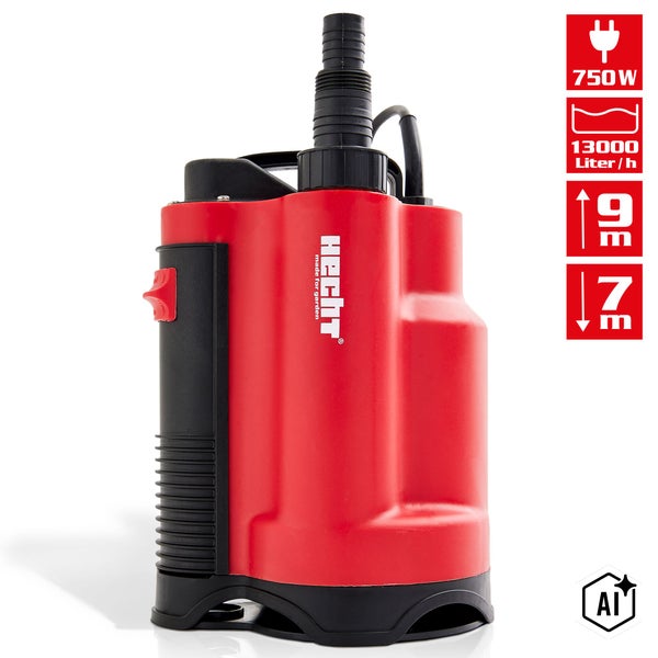 Hecht Tauchpumpe mit 750 Watt Leistung, 13000 Liter pro Stunde Fördermenge und 9 Meter Förderhöhe für den Einsatz im Garten.
