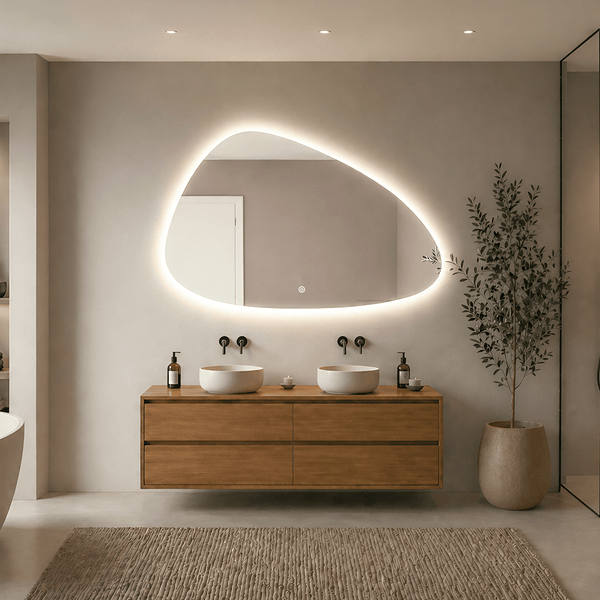 Modernes Badezimmer mit asymmetrischem LED Wandspiegel über einem hölzernen Doppelwaschtisch mit zwei Aufsatzwaschbecken.