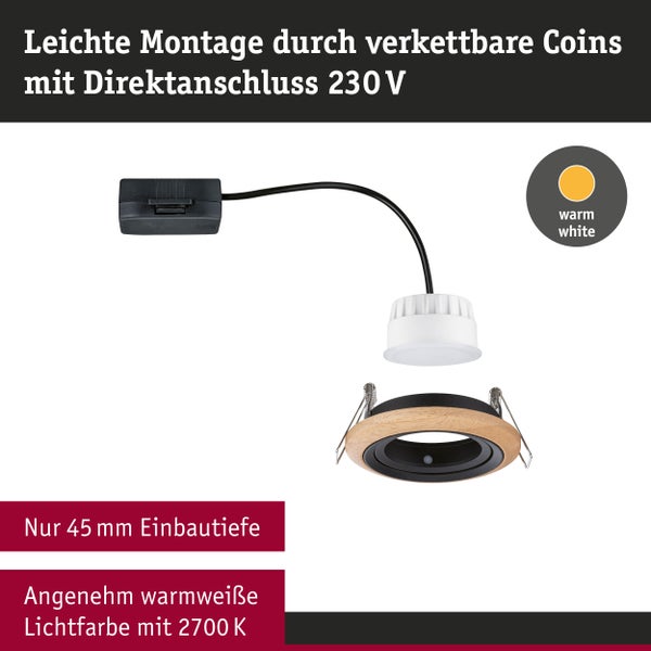 Paulmann LED Einbauleuchte aus Aluminium und Holz, warmweiß, mit Maßangaben und Installationsanleitung auf der Verpackungsrückseite.