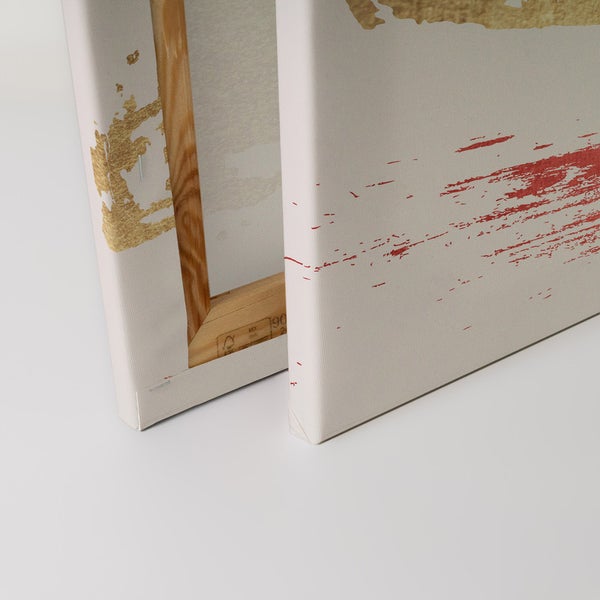 Detailansicht von zwei Leinwandbildern mit abstrakten Designs und Holzrahmen