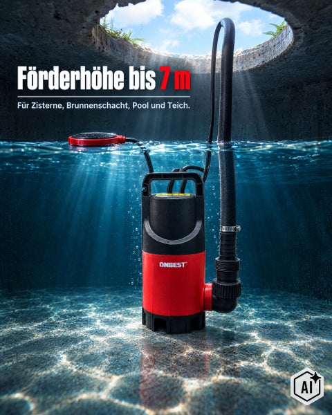 Tauchpumpe Onbest mit 7 Meter Förderhöhe für Zisternen, Brunnenschächte, Pools und Teiche.