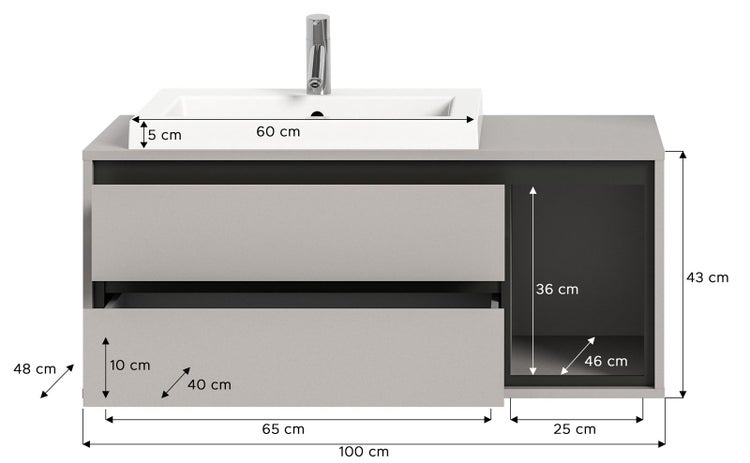 Jaru Waschbeckenunterschrank 100cm 2 Schubladen, 1 Ablage grau,schwarz. 100 X 48 X 48 cm