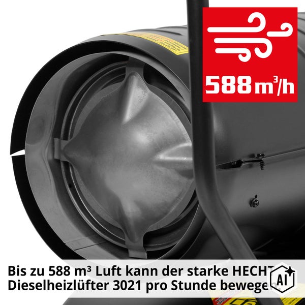 HECHT Dieselheizlufter 3021 mit einer Luftleistung von 588 Kubikmetern pro Stunde zur effektiven Beheizung von Werkstatten und Lagerraumen.