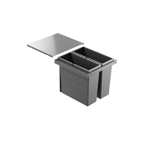 Einbau-Abfalltrennsystem mit zwei grauen Kunststoff-Eimern und einem Metalldeckel für Küchenschränke.