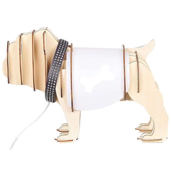 Dekorative Tischleuchte in Form einer Bulldogge aus Holz mit Knochenmotiv und Strasshalsband.