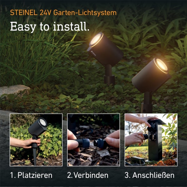 Anleitung zur Installation des Steinel 24 Volt Gartenlichtsystems mit drei Schritten: Platzieren, Verbinden und Anschließen der Gartenstrahler.