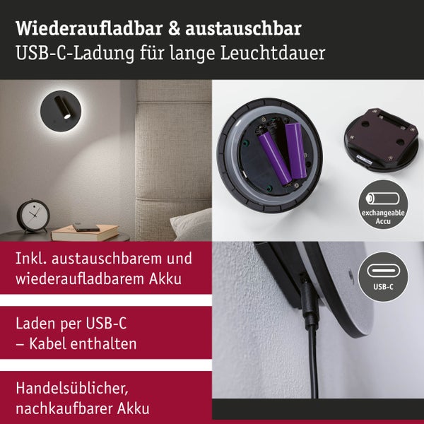 Wandleuchte mit USB-C-Ladefunktion und austauschbarem Akku