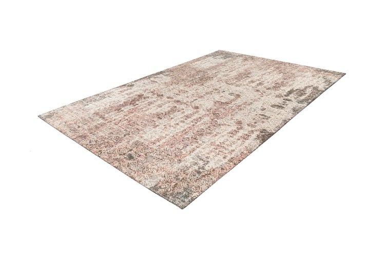 Rechteckiger Teppich mit Vintage-Orientmuster in den Farben Rosa, Beige und Grau.