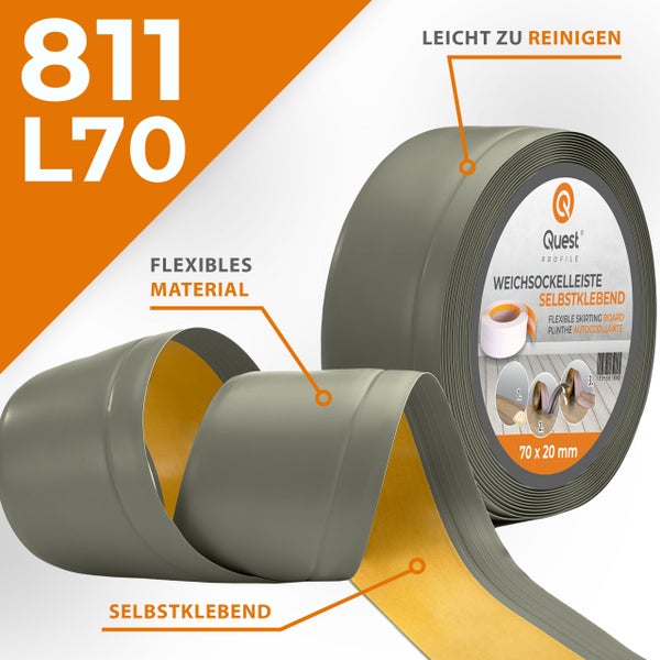 Quest Weichsockelleiste, Breite Sockelleiste 70 x 20 mm, PVC Knickleiste für Wand, Boden, Flexibel, Olivgrün, 25 Meter