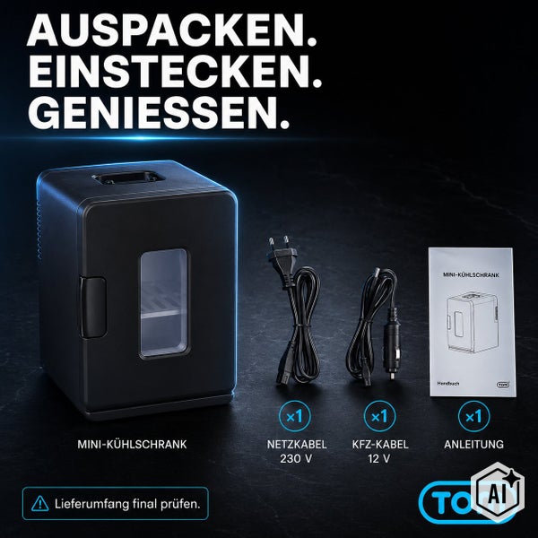 TOM Mini Kühlschrank mit Netzkabel für 230 Volt, Kfz Kabel für 12 Volt und Bedienungsanleitung im Lieferumfang.