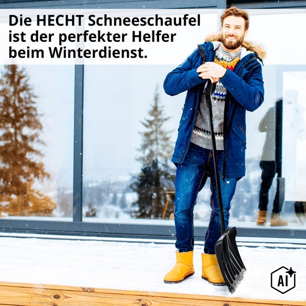 Hecht Schneeschieber aus Kunststoff mit Verstärkungsrippen und hohem Rand inklusive Qualitätssiegel.