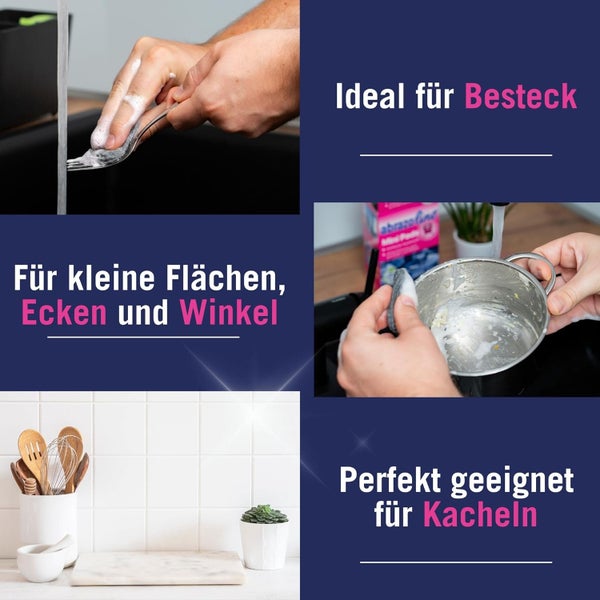 Reinigungsschwamm im Einsatz beim Putzen von Besteck, Töpfen und Fliesen in einer Küche.