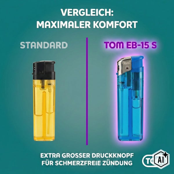 Produktvergleich eines Standard Feuerzeugs mit dem TOM EB 15 S Feuerzeug mit extra großem Druckknopf für schmerzfreie Zündung.
