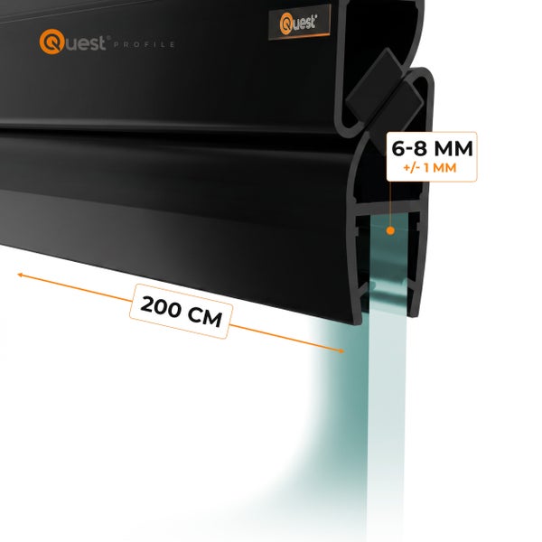 Magnetprofil für Glastüren mit Quest Logo, Länge 200 Zentimeter, geeignet für Glasstärken von 6 bis 8 Millimeter.