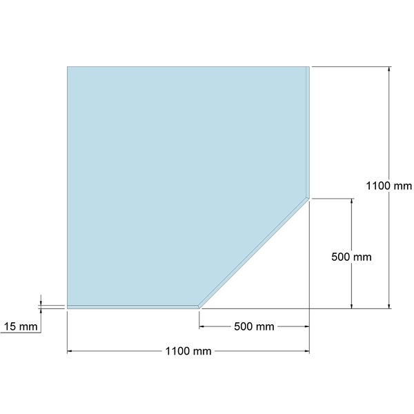 Technische Zeichnung einer fünfseitigen Funkenschutzplatte aus Glas, 1100 mal 1100 Millimeter, Stärke 15 Millimeter.