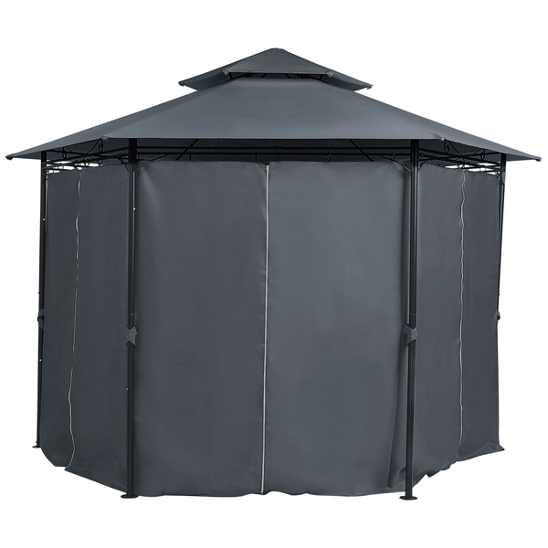 Dunkelgrauer Gartenpavillon mit Metallrahmen, Doppeldach und geschlossenen Seitenvorhängen.