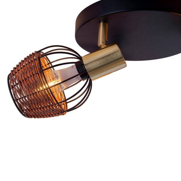 3er Deckenrondell CORBIS, Spot aus Metall in Schwarz, mit Gold und Rattan, mit E14-Fassung, für Esszimmer, Wohnzimmer, Diele oder Büro, Beleuchtung für Wohnzimmer, Esszimmer oder Büro, 38 cm Durchmesser