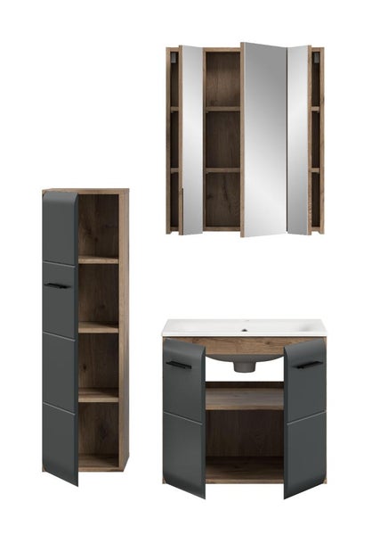 Badezimmermöbel-Set mit Hochschrank, Spiegelschrank und Waschbeckenunterschrank in Holzoptik mit anthrazitfarbenen Fronten