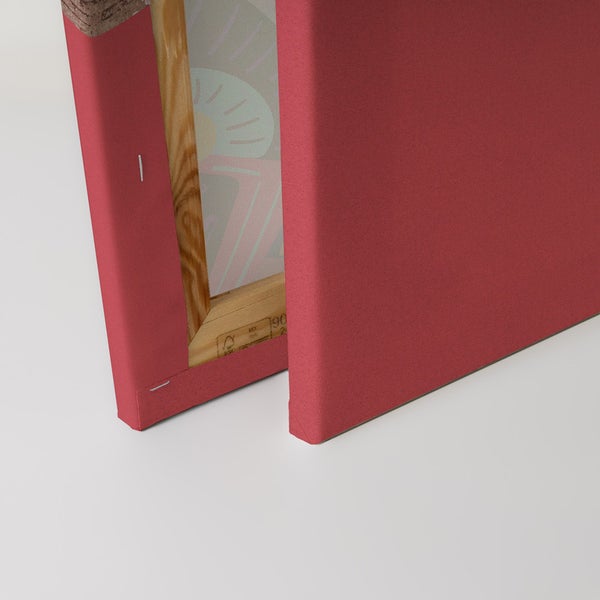 Nahaufnahme einer bedruckten Leinwand auf einem Holzrahmen