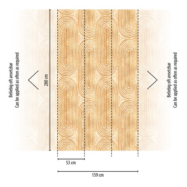 Fototapete mit abstraktem Bogenmuster, Höhe 280 Zentimeter, Breite 159 Zentimeter, drei Bahnen je 53 Zentimeter, beliebig oft ansetzbar.