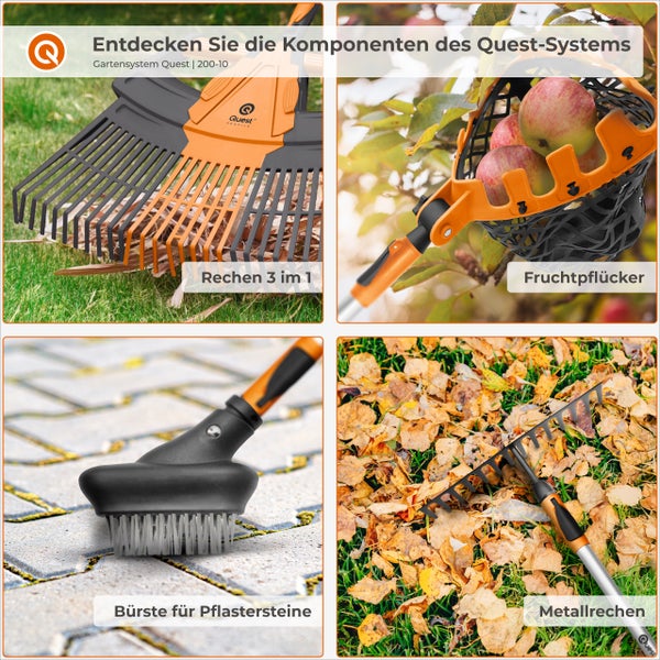 Quest Gartensystem Komponenten: Laubbesen, Obstpflücker, Fugenbürste und Metallrechen