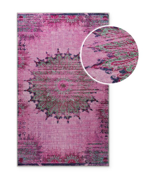 Rosa Vintage-Teppich mit zentralem Medaillon-Muster und Detailansicht der Webstruktur.