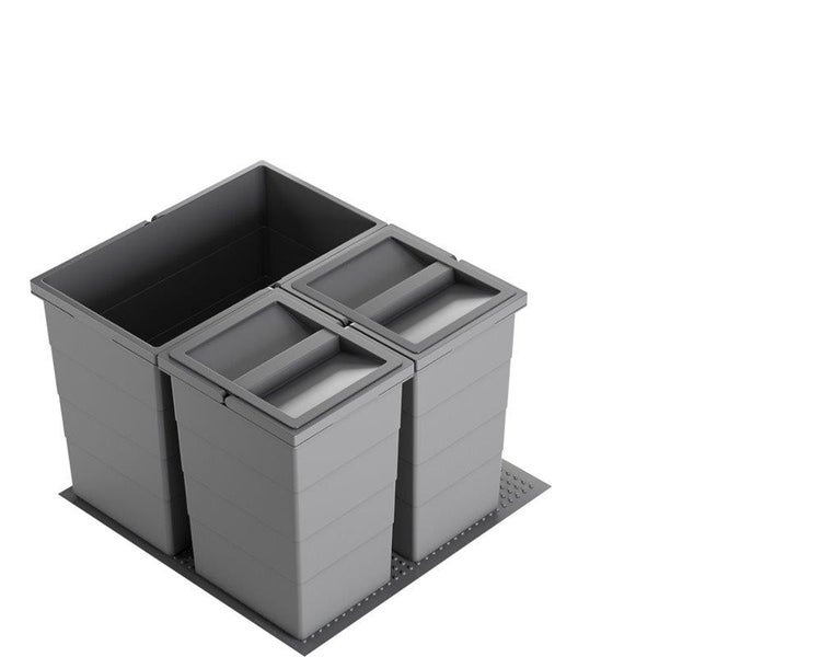 Graues Abfalltrennsystem mit drei Kunststoffbehältern, ein großer offener Behälter und zwei kleinere mit Deckel, auf einer Bodenplatte.