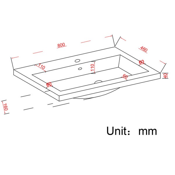 Technische Zeichnung eines rechteckigen Waschbeckens mit Maßen in Millimeter, Breite 800 Millimeter, Tiefe 460 Millimeter.