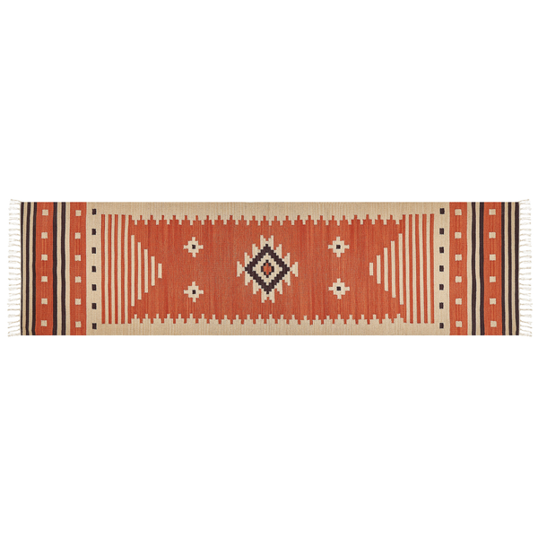 Kelim Teppich Baumwolle orange 80 x 300 cm geometrisches Muster Kurzflor GAVAR