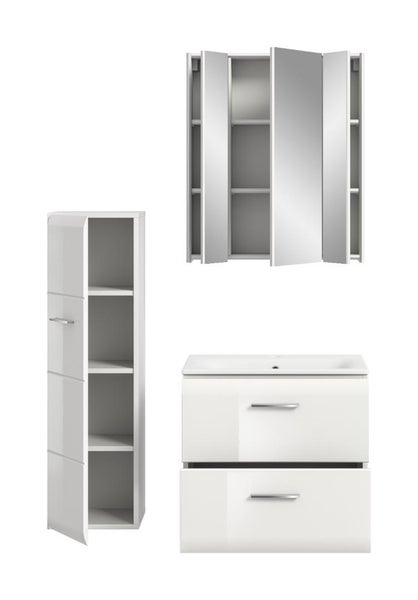 Badezimmermöbel-Set bestehend aus einem dreitürigen Spiegelschrank, einem Waschtisch mit Unterschrank und zwei Schubladen sowie einem Hochschrank.