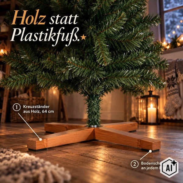 Weihnachtsbaumständer in Kreuzform aus Holz mit vierundsechzig Zentimeter Spannweite und Bodenschutz an jedem Ende für einen stabilen Halt.