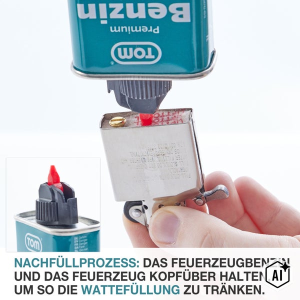 TOM Feuerzeugbenzin wird in ein Feuerzeug nachgefüllt. Die Flasche wird kopfüber gehalten um die Wattefüllung des Feuerzeugs zu tränken.