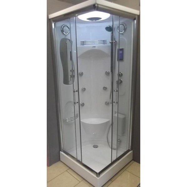 Moderne Eckduschkabine mit integriertem Duschpaneel, Massagedüsen, Handbrause, Dachbrause und Sitzgelegenheit für ein komfortables Duscherlebnis.