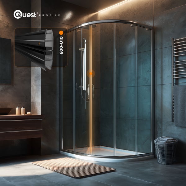 Komplettes Badezimmer-Interieur mit Duschkabine, Waschtisch und Handtuchheizkörper