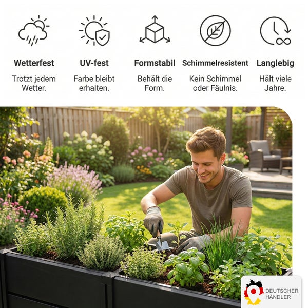 Ein lächelnder Mann pflanzt Kräuter in ein witterungsbeständiges Hochbeet im Garten. Symbolik zeigt UV-Beständigkeit und Langlebigkeit an.