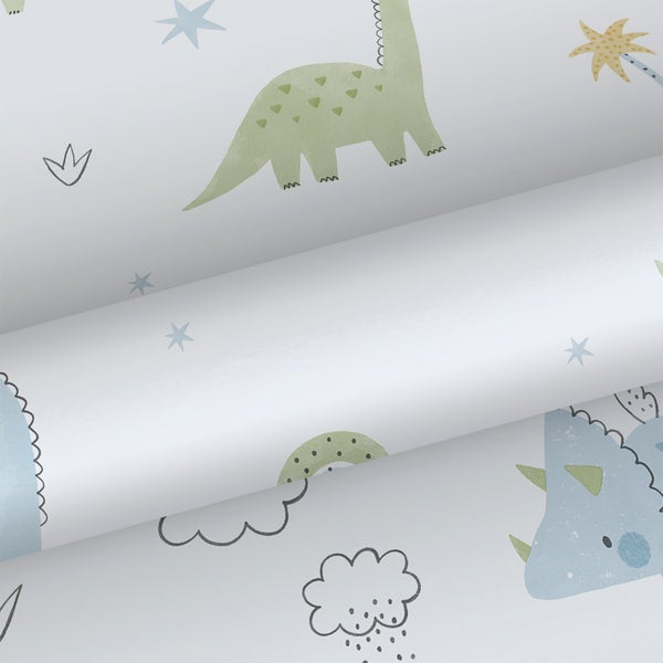 Tapetenrolle mit Dinosauriern, Palmen, Sternen und Regenwolken