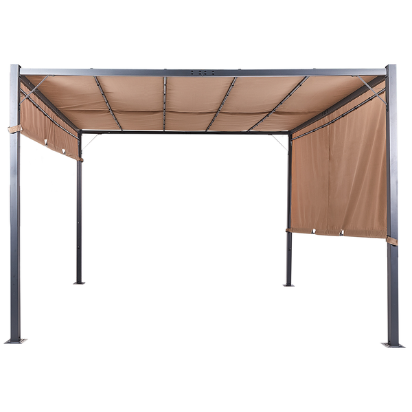Pergola mit dunkelgrauem Metallgestell, beigefarbenem ausziehbarem Dach und einer beigefarbenen Seitenwand.
