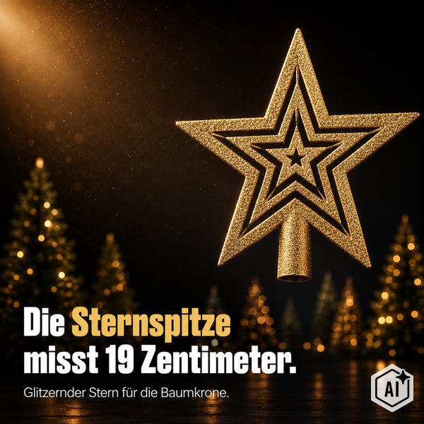 Glitzernder Weihnachtsbaumstern als Baumspitze mit 19 Zentimeter Größe für den Christbaum.