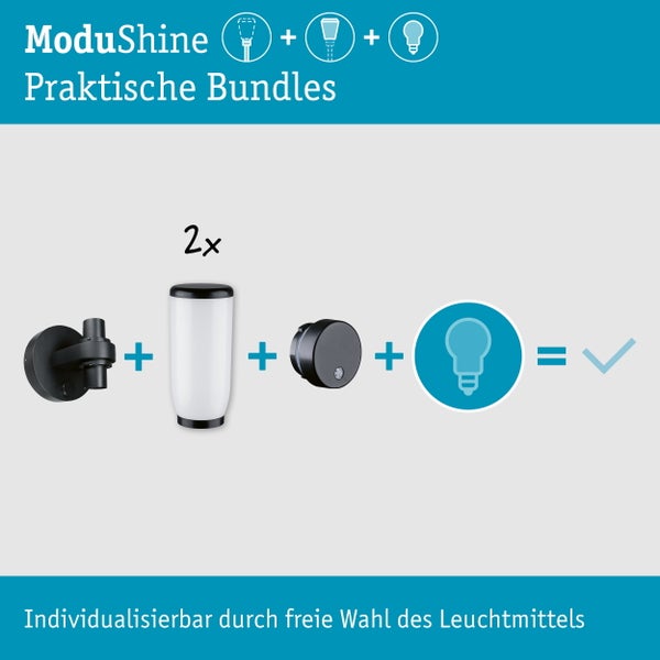 Grafik zur ModuShine Leuchten Serie bestehend aus Stab, Leuchtenkopf, Basis und Leuchtmittel für individuelle Außenbeleuchtung.