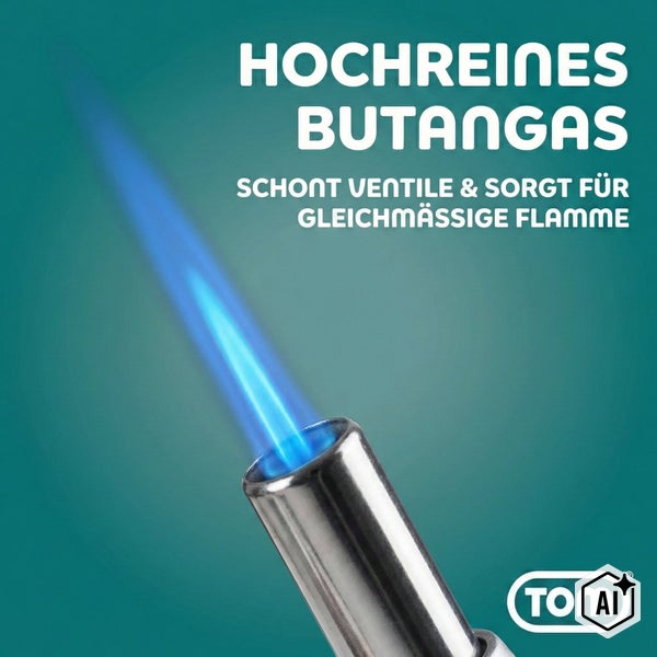 Eine Flamme aus einem Gasbrenner mit dem Hinweis auf hochreines Butangas für gleichmäßige Flammen und Ventilschonung mit dem TOM Logo.