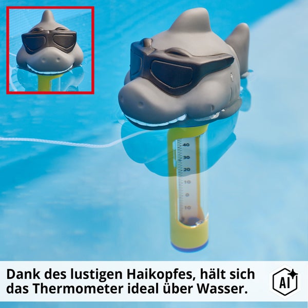 Schwimmendes Poolthermometer in Hai Form mit Sonnenbrille und Temperaturskala in Celsius.